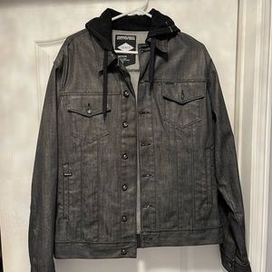 Black denim jean jacket with black hoodie